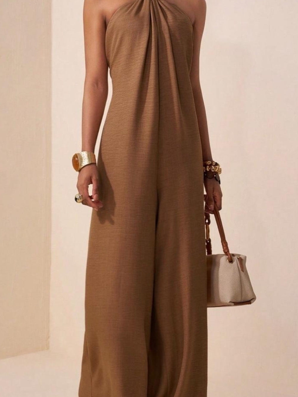 New Balance Brown Halter Wide-Leg Jumpsuit